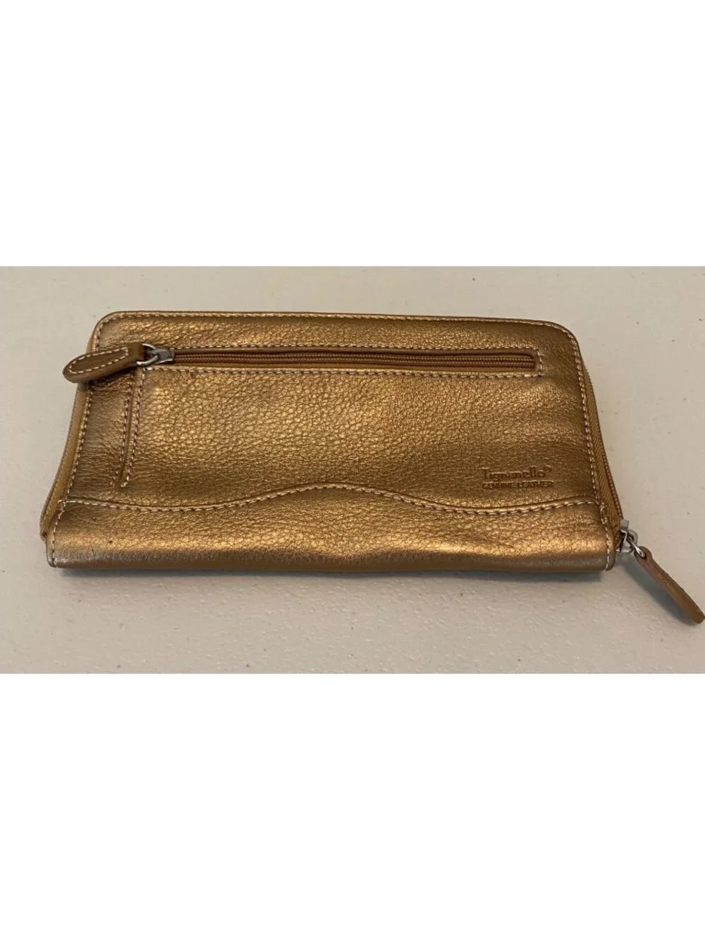 Tignanello Gold Leather Wallet Zippered Compartments Card Slots
